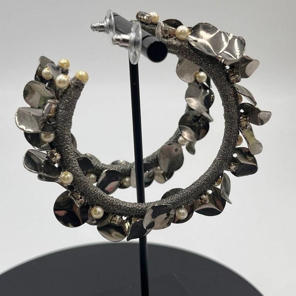 Deepa Gurnani Faux Pearl Rhinestone Gunmetal Disc Beaded Large Hoop Earrings